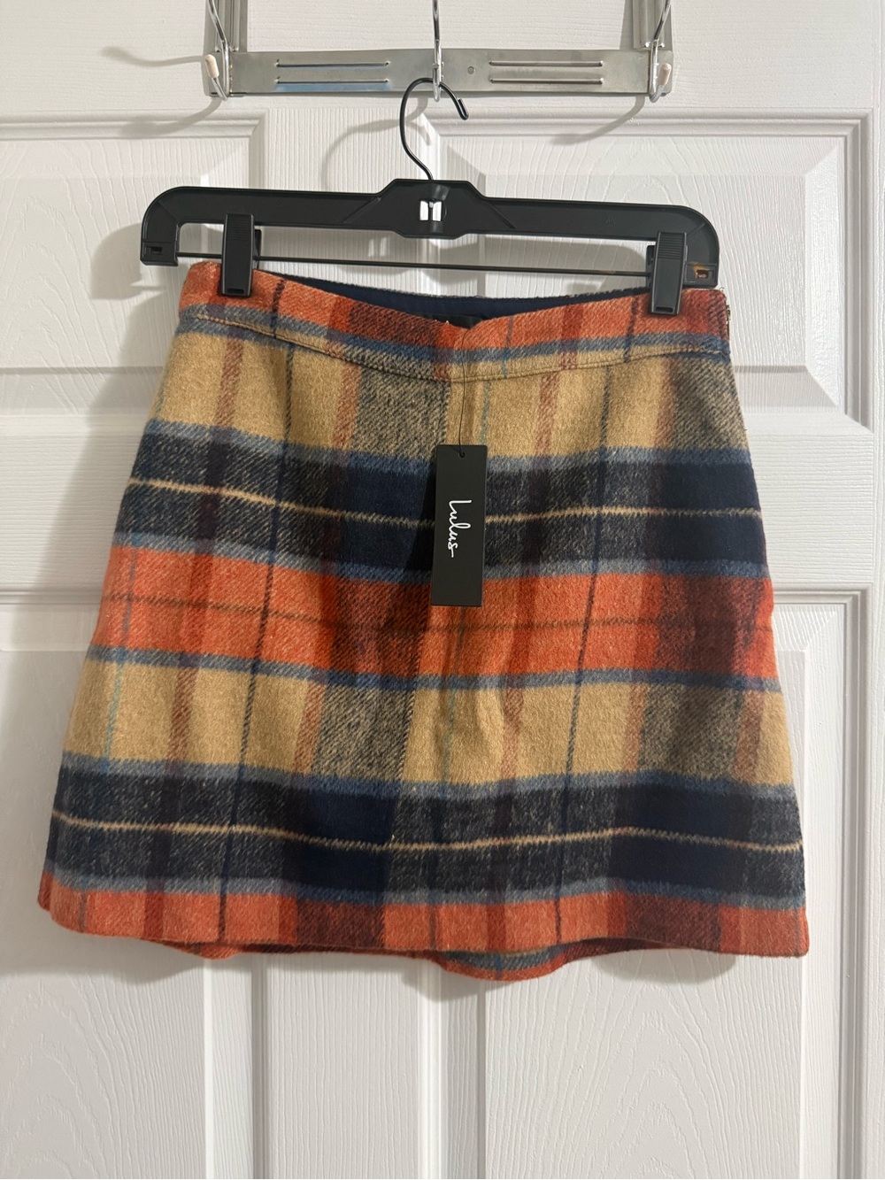 Urbane Plaid A-Line Mini Skirt in Orange, Navy & Cream